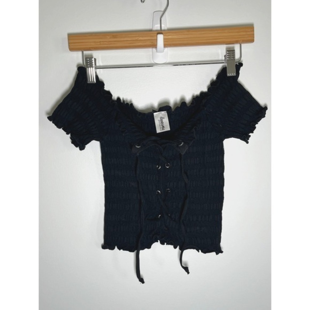 Whimsigoth Dark Fairy Witchy Peasant Lace‎ Up Stretch Top Womens Black ONE SIZE